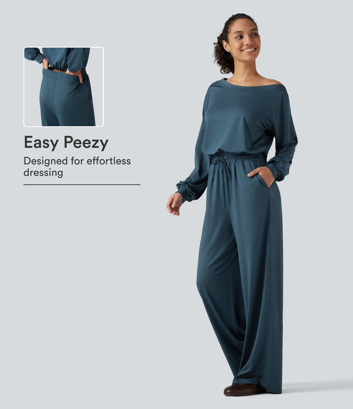 One Shoulder Long Sleeve Drawstring Baggy Casual Jumpsuit with Pockets-Edition — Balsam — view 1