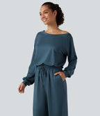 One Shoulder Long Sleeve Drawstring Baggy Casual Jumpsuit with Pockets-Edition — Balsam — view 5