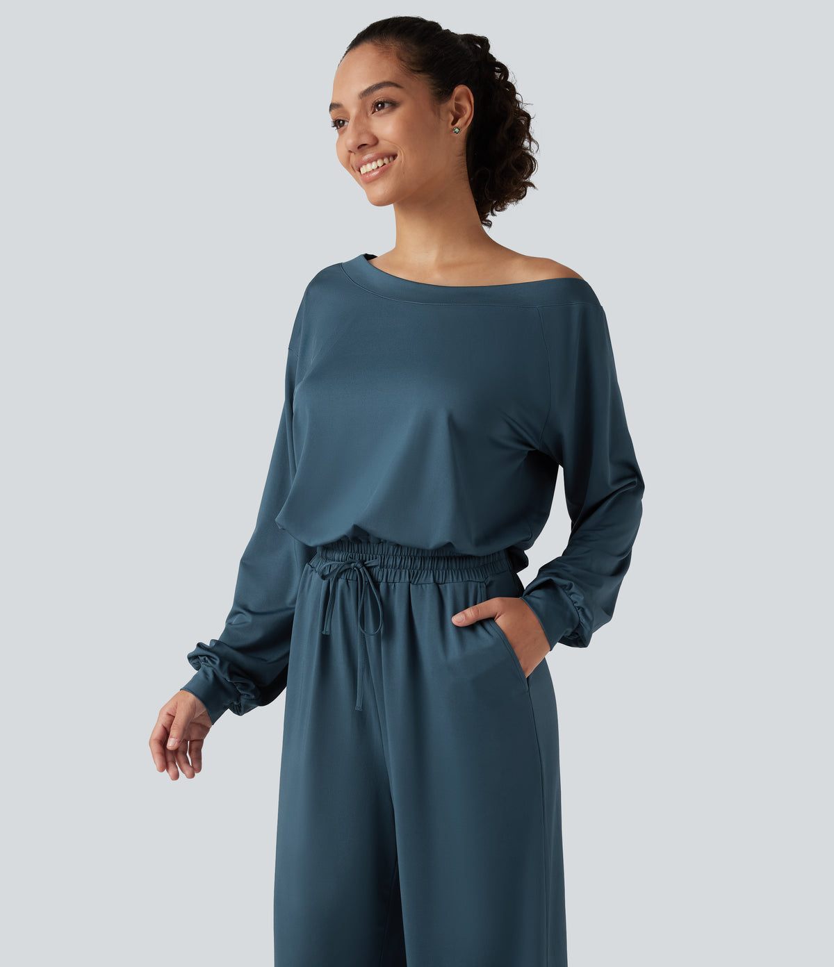 One Shoulder Long Sleeve Drawstring Baggy Casual Jumpsuit with Pockets-Edition — Balsam — view 5
