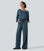 One Shoulder Long Sleeve Drawstring Baggy Casual Jumpsuit with Pockets-Edition — Balsam — view 3