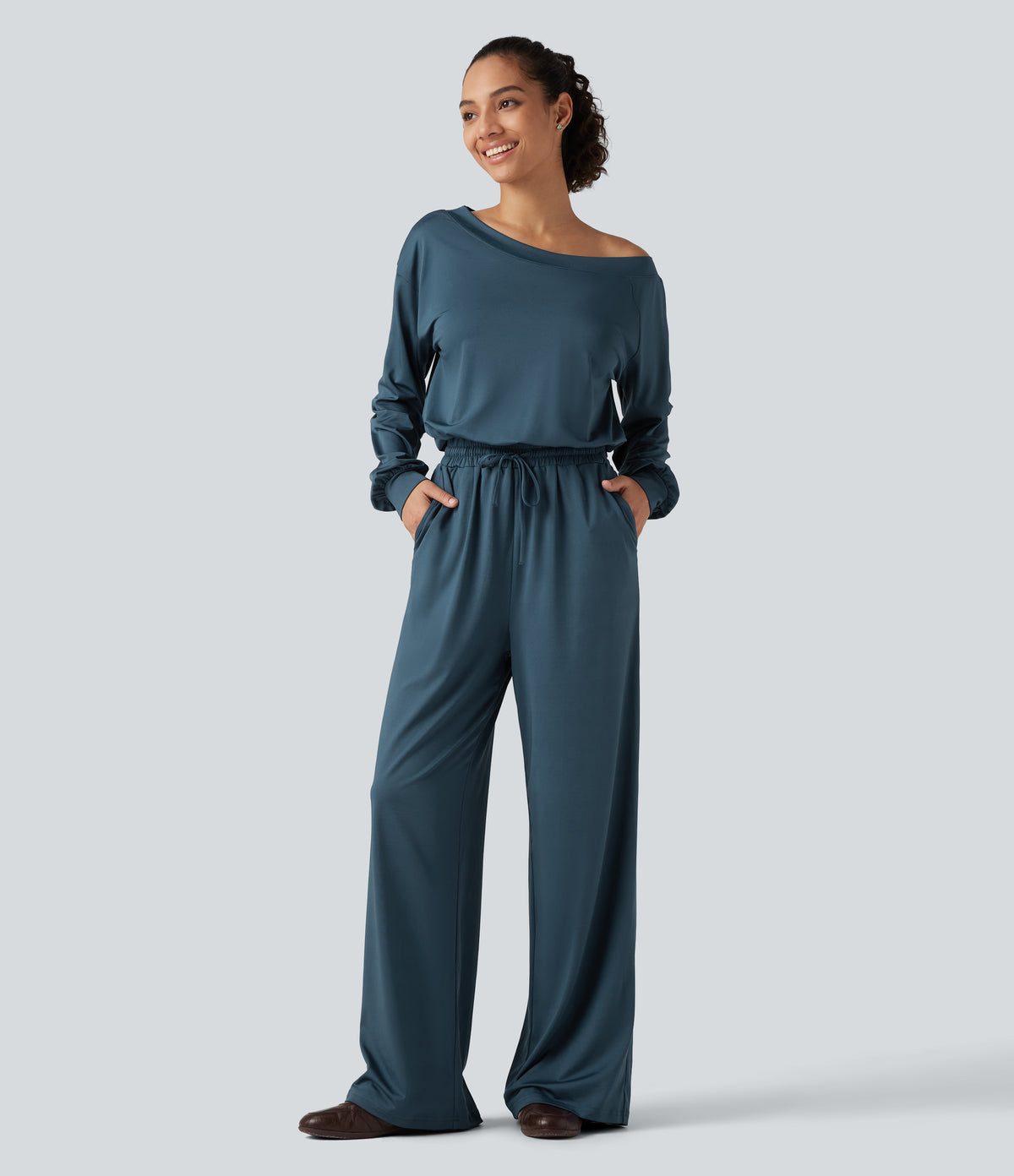 One Shoulder Long Sleeve Drawstring Baggy Casual Jumpsuit with Pockets-Edition — Balsam — view 3