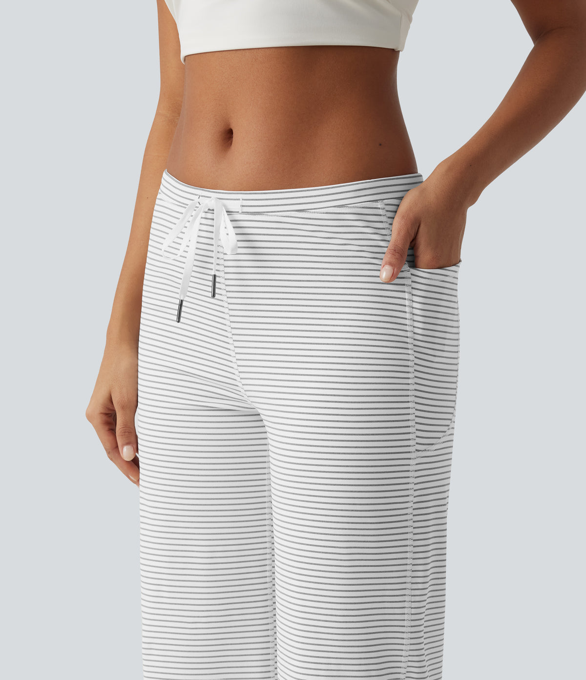 Low Rise Drawstring Straight Leg Stripe Yoga Trousers with Pockets — Zebra Ripple — view 4