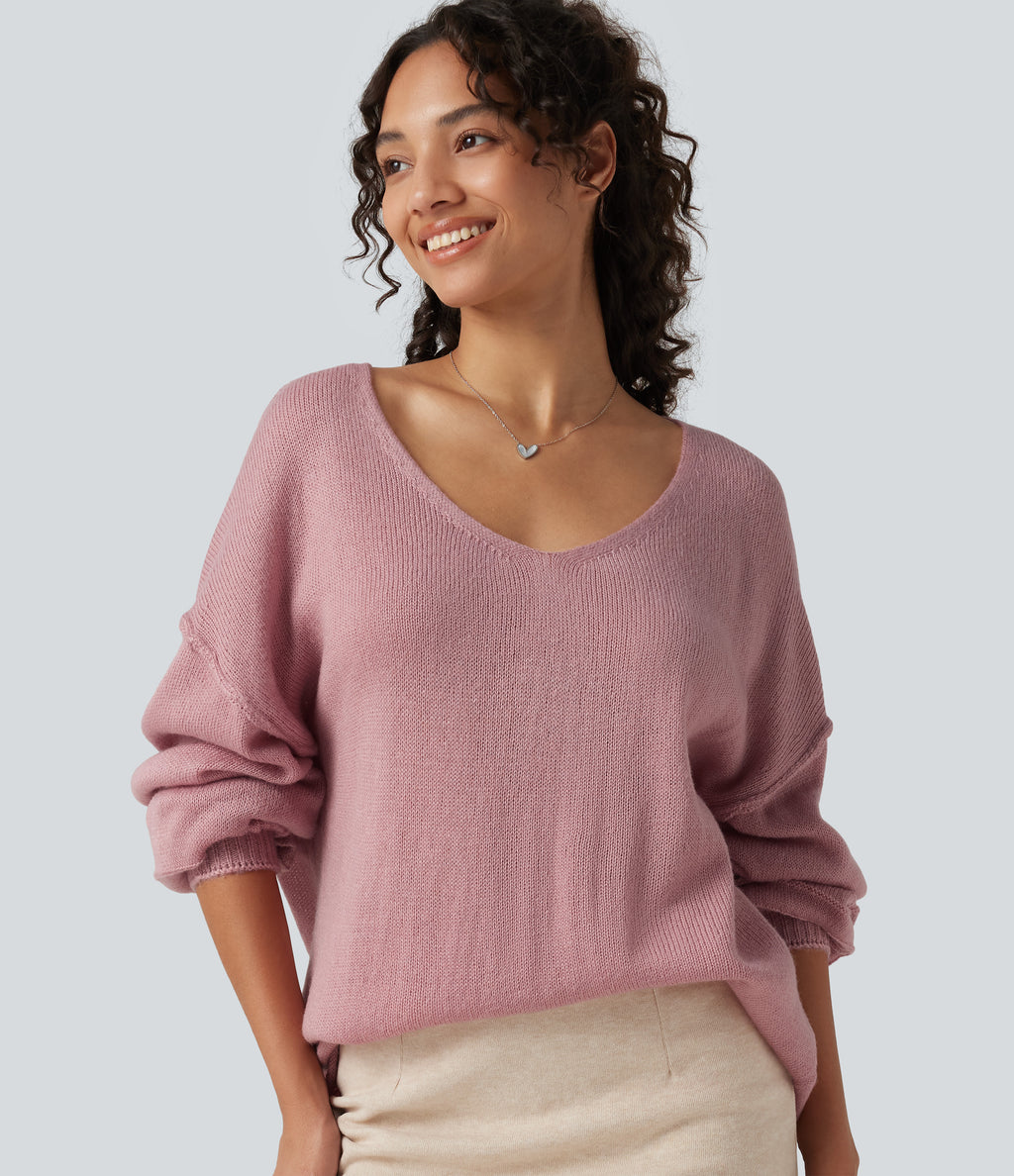 V Neck Long Sleeve Casual Jumper — Soft Berry — view 1