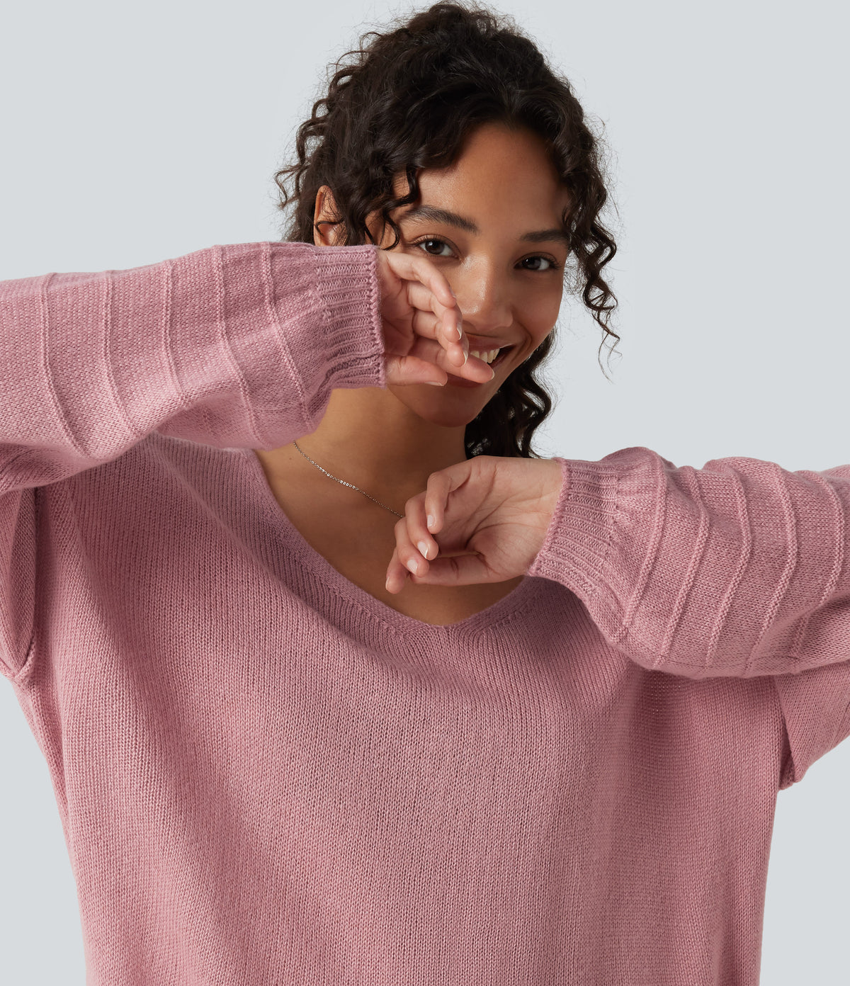 V Neck Long Sleeve Casual Jumper — Soft Berry — view 5