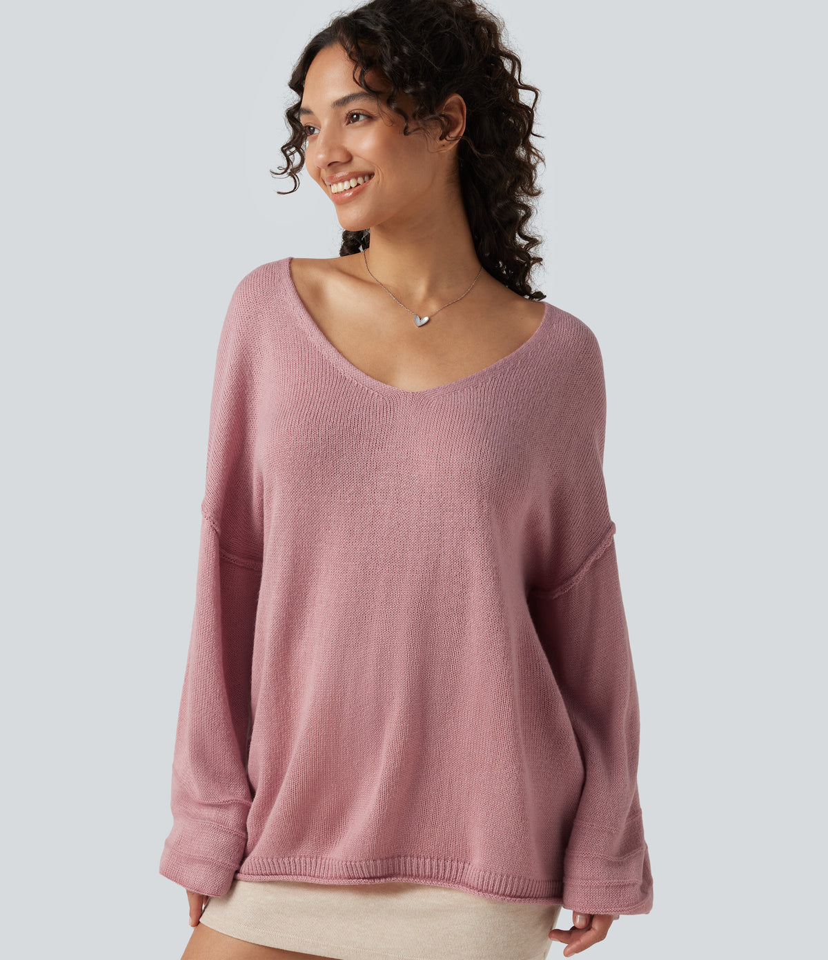 V Neck Long Sleeve Casual Jumper — Soft Berry — view 6