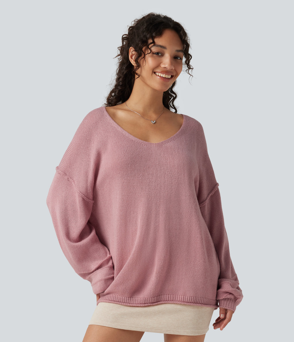 V Neck Long Sleeve Casual Jumper — Soft Berry — view 4
