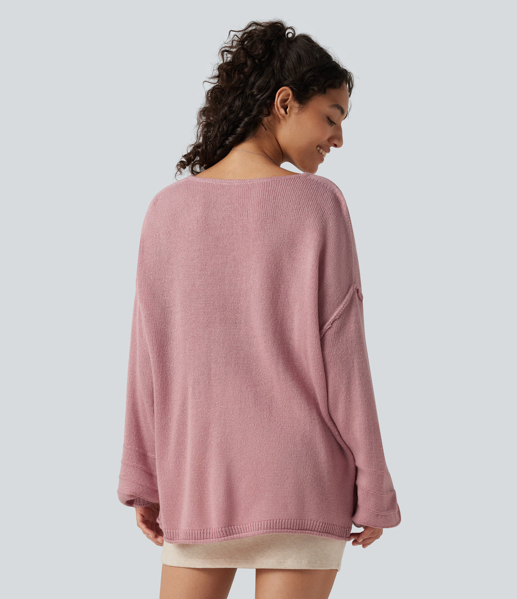 V Neck Long Sleeve Casual Jumper — Soft Berry — view 2
