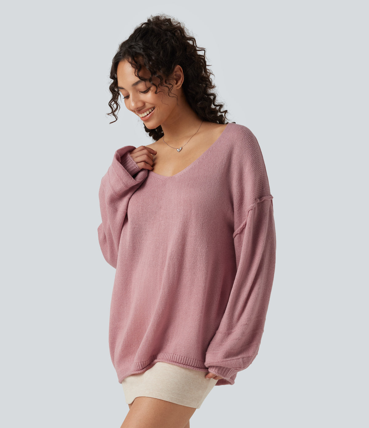 V Neck Long Sleeve Casual Jumper — Soft Berry — view 3