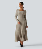 Ribbed Knit U Neck Long Sleeve Midi Casual Dress — Warm Grey Floral Velvet — view 1