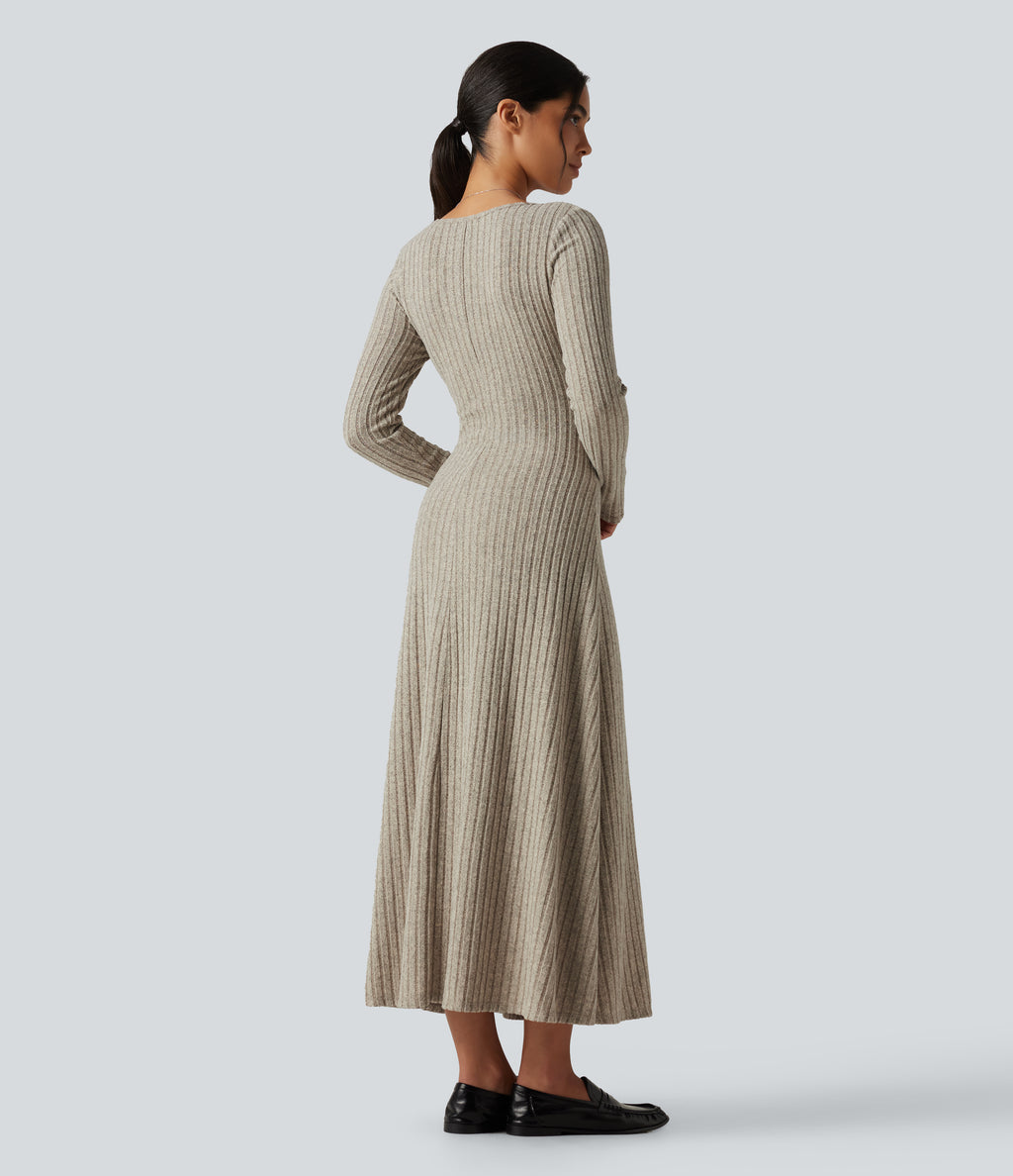 Ribbed Knit U Neck Long Sleeve Midi Casual Dress — Warm Grey Floral Velvet — view 2