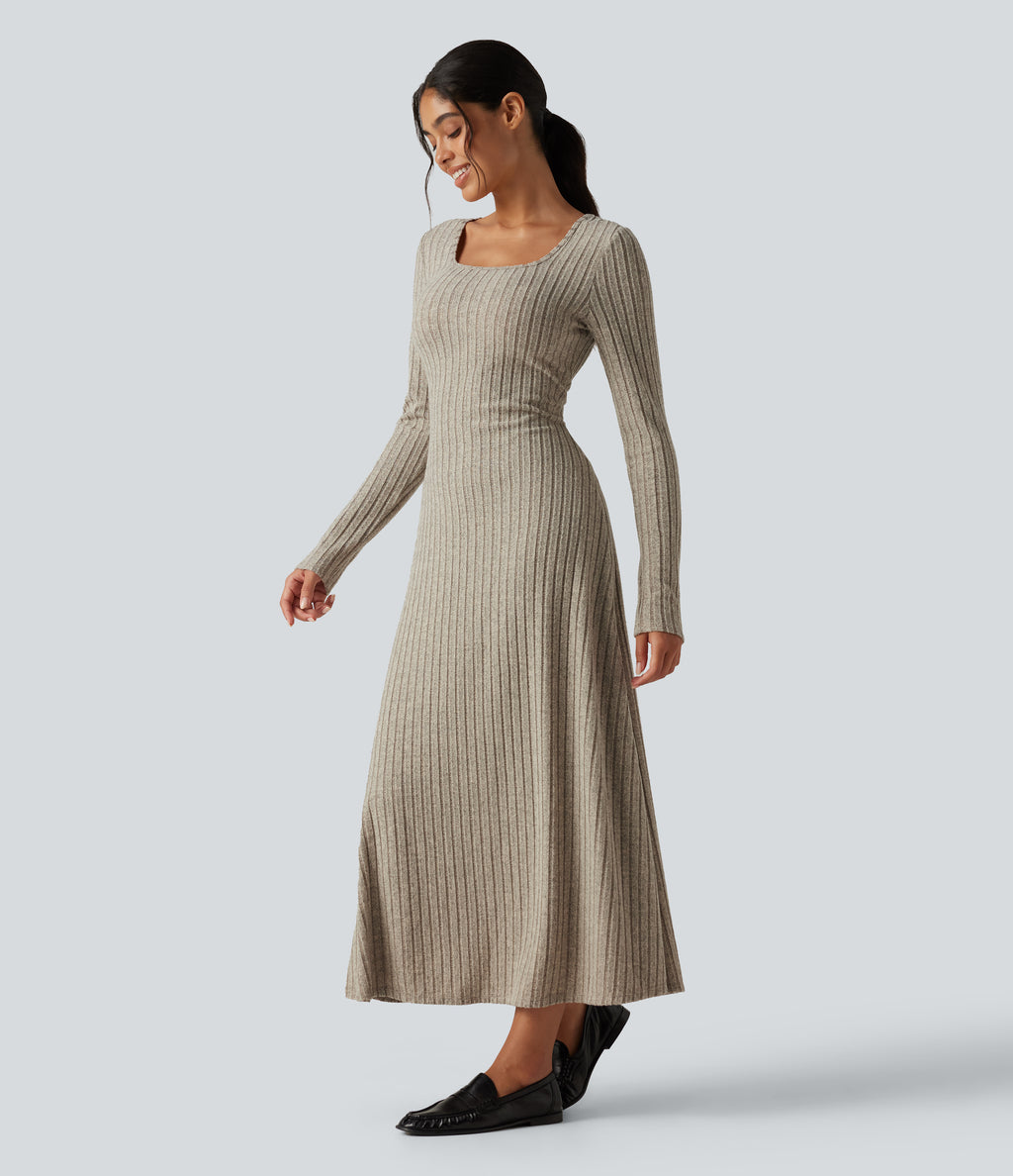 Ribbed Knit U Neck Long Sleeve Midi Casual Dress — Warm Grey Floral Velvet — view 3