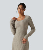 Ribbed Knit U Neck Long Sleeve Midi Casual Dress — Warm Grey Floral Velvet — view 4