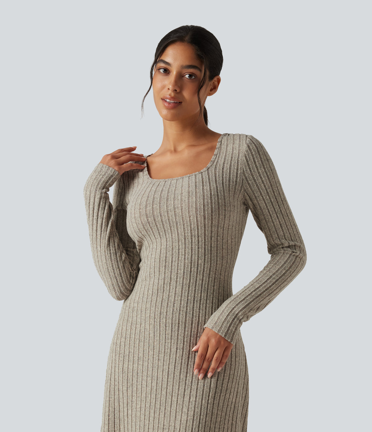 Ribbed Knit U Neck Long Sleeve Midi Casual Dress — Warm Grey Floral Velvet — view 4