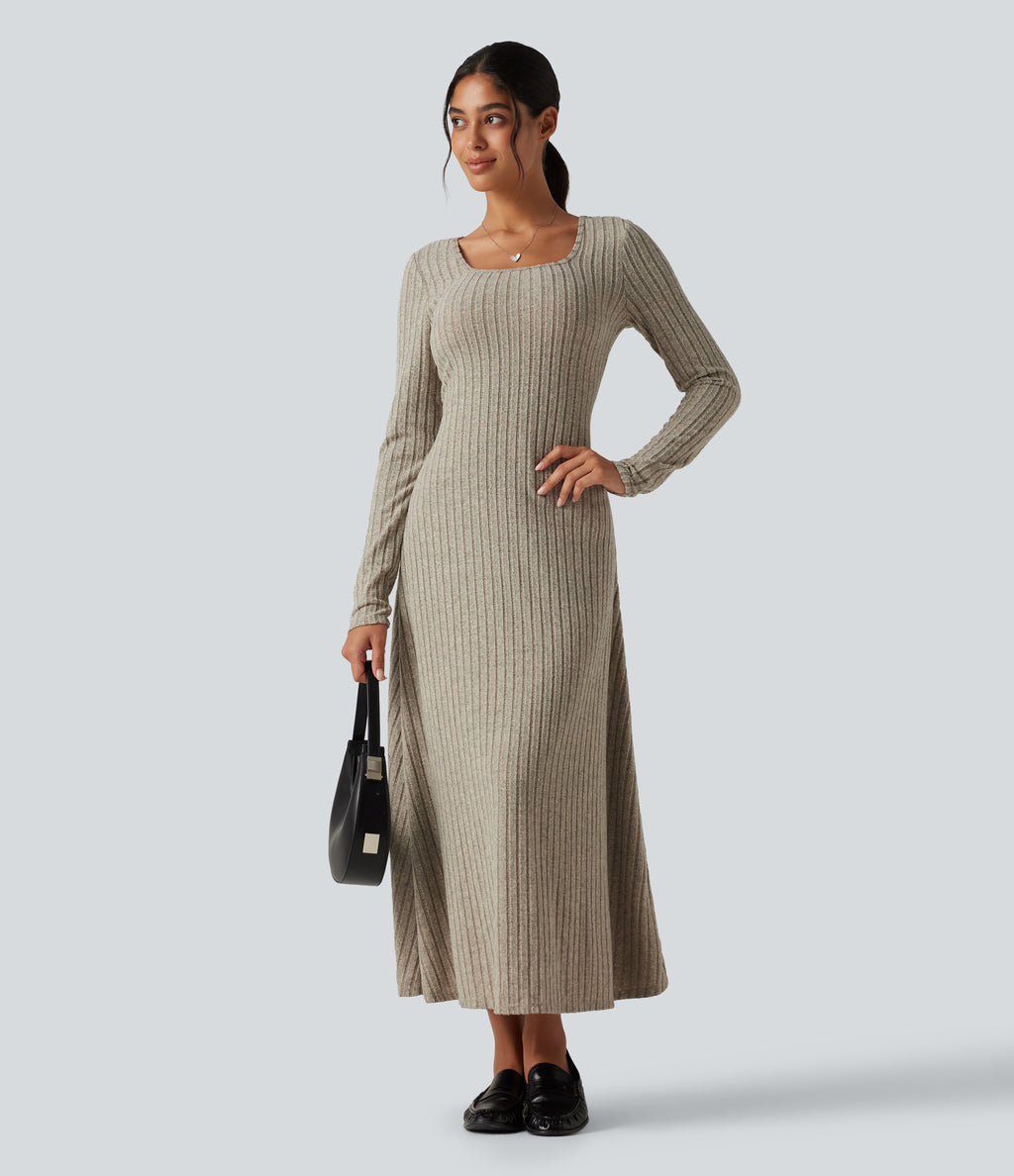 Ribbed Knit U Neck Long Sleeve Midi Casual Dress — Warm Grey Floral Velvet — view 6