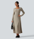 Ribbed Knit U Neck Long Sleeve Midi Casual Dress — Warm Grey Floral Velvet — view 6