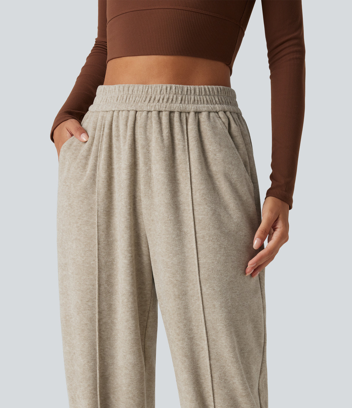 High Waisted Casual Joggers with Pockets — Humus — view 4