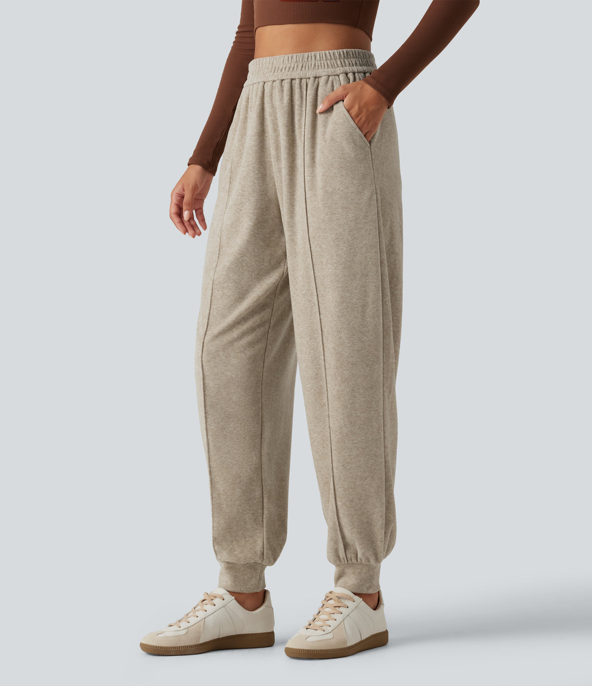 High Waisted Casual Joggers with Pockets — Humus — view 3