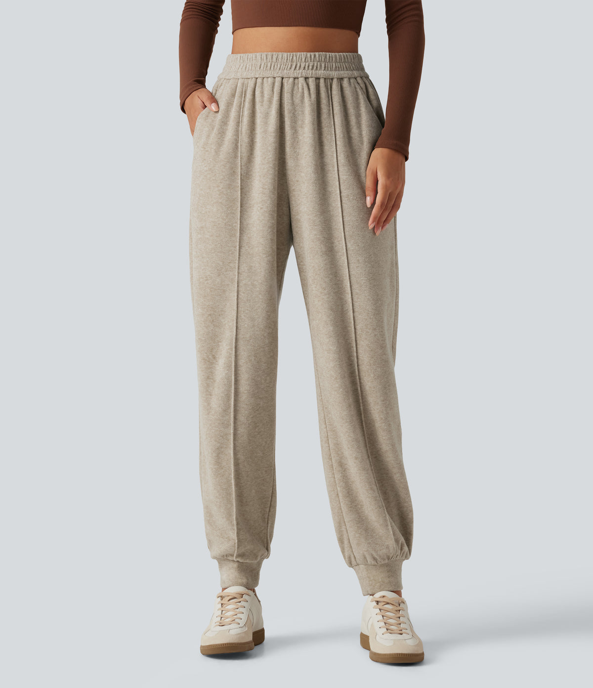 High Waisted Casual Joggers with Pockets — Humus — view 1