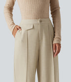 High Waisted Wide Leg Work Trousers with Pockets — Oatmeal Khaki — view 4
