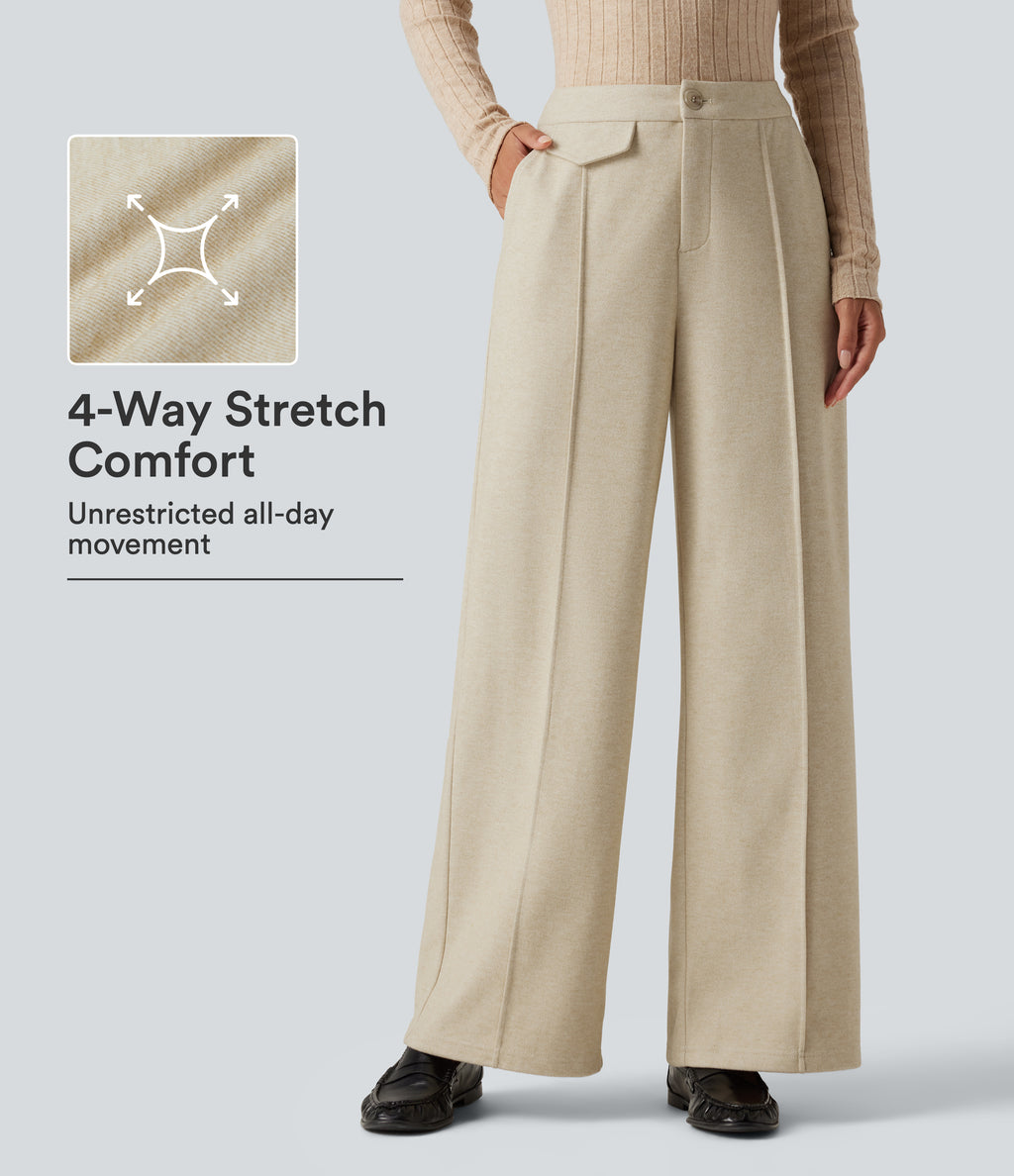 High Waisted Wide Leg Work Trousers with Pockets — Oatmeal Khaki — view 1