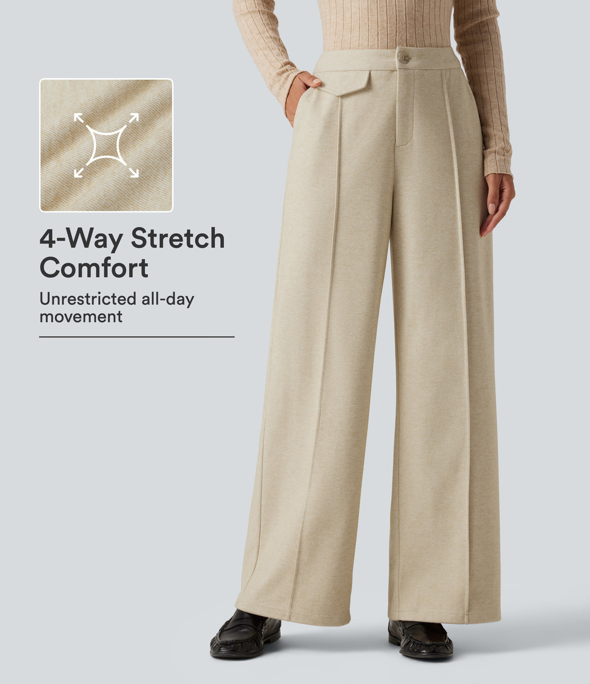 High Waisted Wide Leg Work Trousers with Pockets — Oatmeal Khaki — view 1