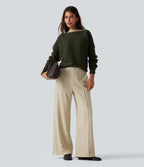 High Waisted Wide Leg Work Trousers with Pockets — Oatmeal Khaki — view 6