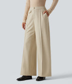 High Waisted Wide Leg Work Trousers with Pockets — Oatmeal Khaki — view 3
