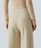 High Waisted Wide Leg Work Trousers with Pockets — Oatmeal Khaki — view 5