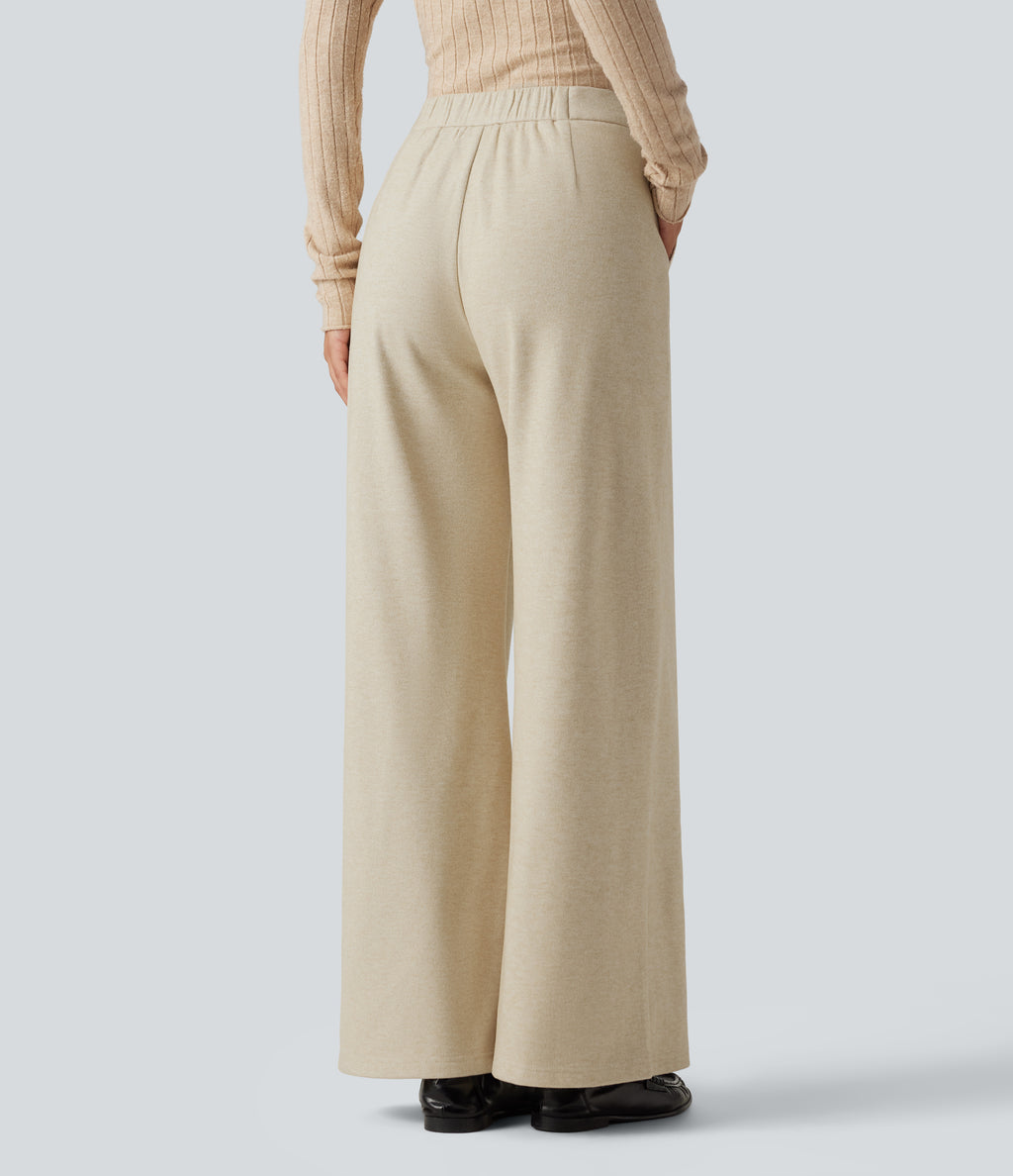 High Waisted Wide Leg Work Trousers with Pockets — Oatmeal Khaki — view 2