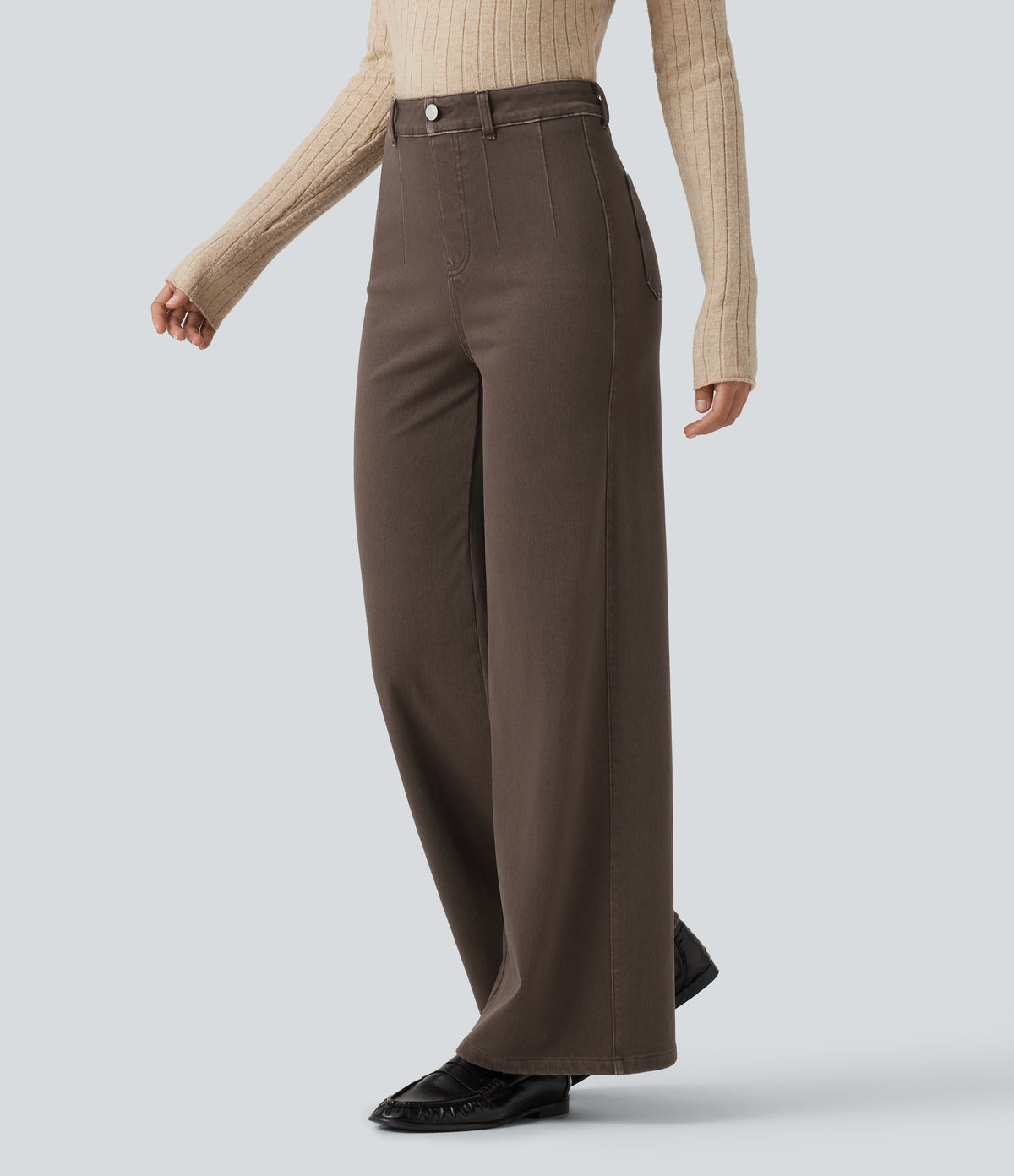 High Waisted Tummy Control Wide Leg Colorful Casual Jeans with Pockets — Cocoa Dune Brown — view 2