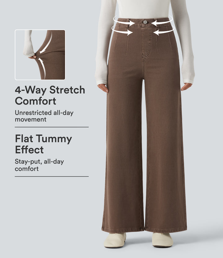 High Waisted Tummy Control Wide Leg Colorful Casual Jeans with Pockets — Malt Dune Brown — view 10
