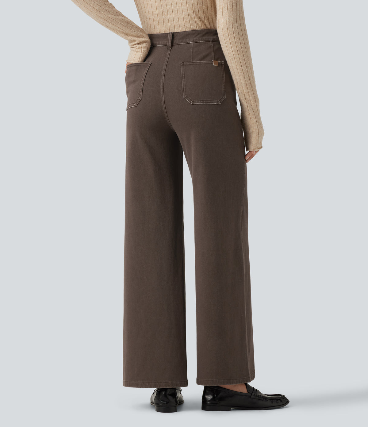 High Waisted Tummy Control Wide Leg Colorful Casual Jeans with Pockets — Cocoa Dune Brown — view 3