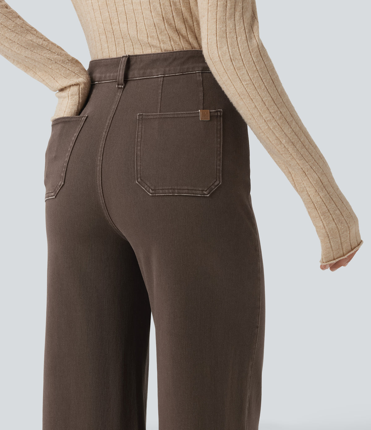 High Waisted Tummy Control Wide Leg Colorful Casual Jeans with Pockets — Cocoa Dune Brown — view 8
