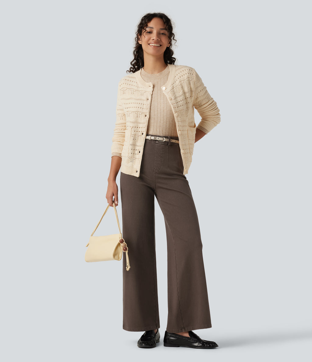 High Waisted Tummy Control Wide Leg Colorful Casual Jeans with Pockets — Cocoa Dune Brown — view 4
