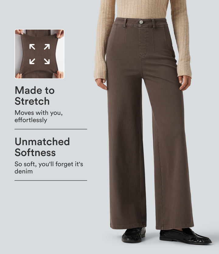 High Waisted Tummy Control Wide Leg Colorful Casual Jeans with Pockets — Cocoa Dune Brown — view 1