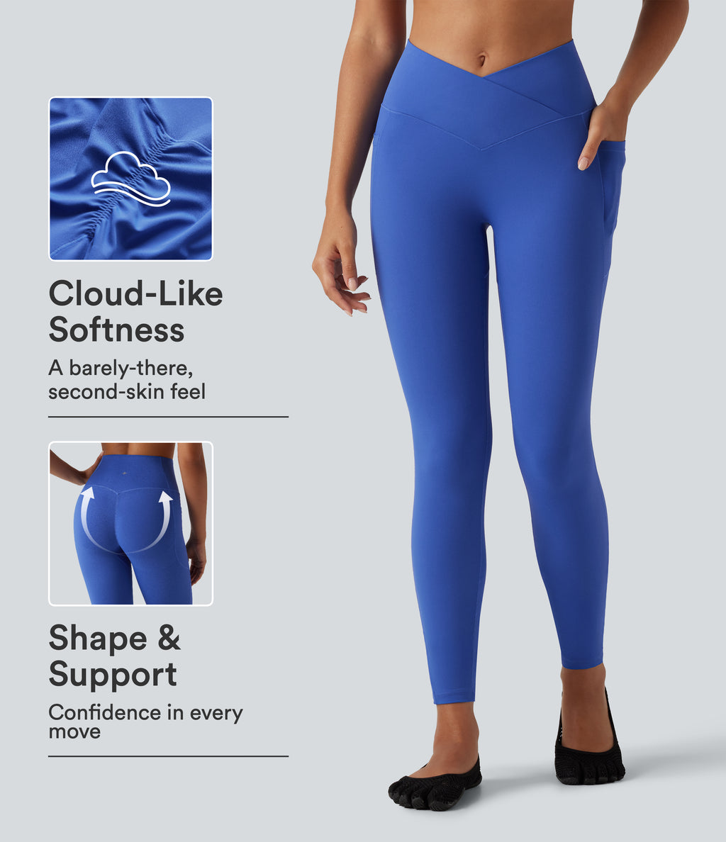 High Waisted Crossover Butt Lifting Ruched Yoga Leggings with Pocekts — Beaucoup Blue — view 1