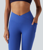 High Waisted Crossover Butt Lifting Ruched Yoga Leggings with Pocekts — Beaucoup Blue — view 4