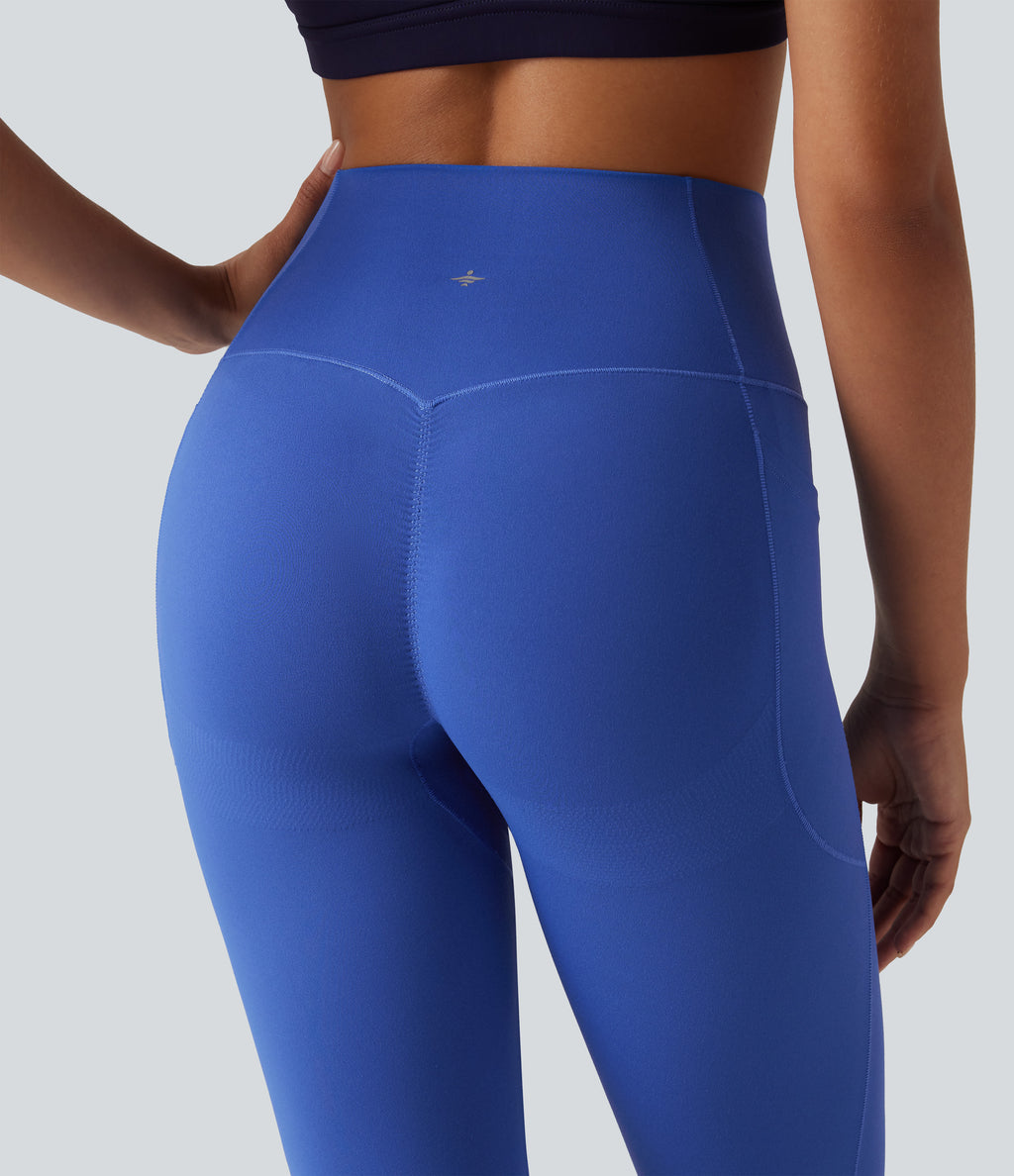 High Waisted Crossover Butt Lifting Ruched Yoga Leggings with Pocekts — Beaucoup Blue — view 5