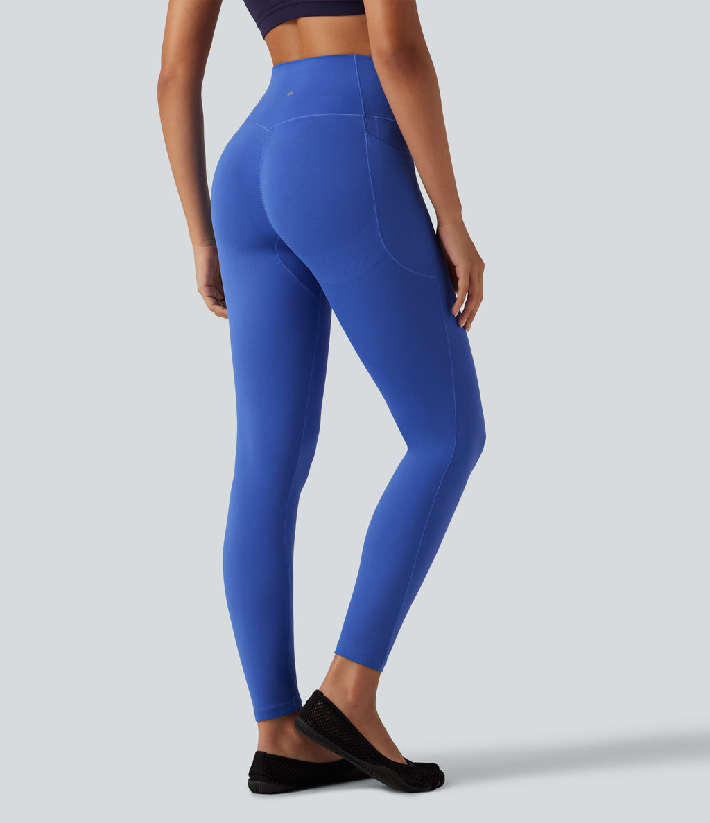 High Waisted Crossover Butt Lifting Ruched Yoga Leggings with Pocekts — Beaucoup Blue — view 2