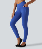High Waisted Crossover Butt Lifting Ruched Yoga Leggings with Pocekts — Beaucoup Blue — view 3