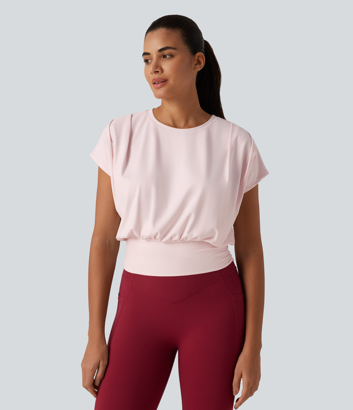 Plush Round Neck Short Sleeve Ruched Boxy Yoga Sports Top — Primrose Pink — view 4