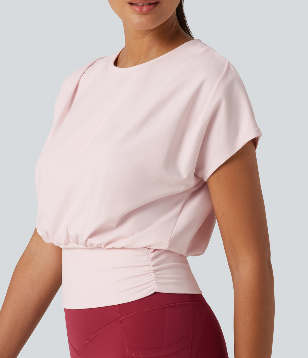 Plush Round Neck Short Sleeve Ruched Boxy Yoga Sports Top — Primrose Pink — view 5