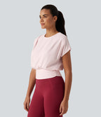Plush Round Neck Short Sleeve Ruched Boxy Yoga Sports Top — Primrose Pink — view 3