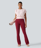 Plush Round Neck Short Sleeve Ruched Boxy Yoga Sports Top — Primrose Pink — view 7