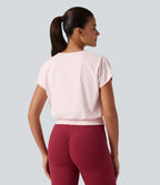 Plush Round Neck Short Sleeve Ruched Boxy Yoga Sports Top — Primrose Pink — view 2
