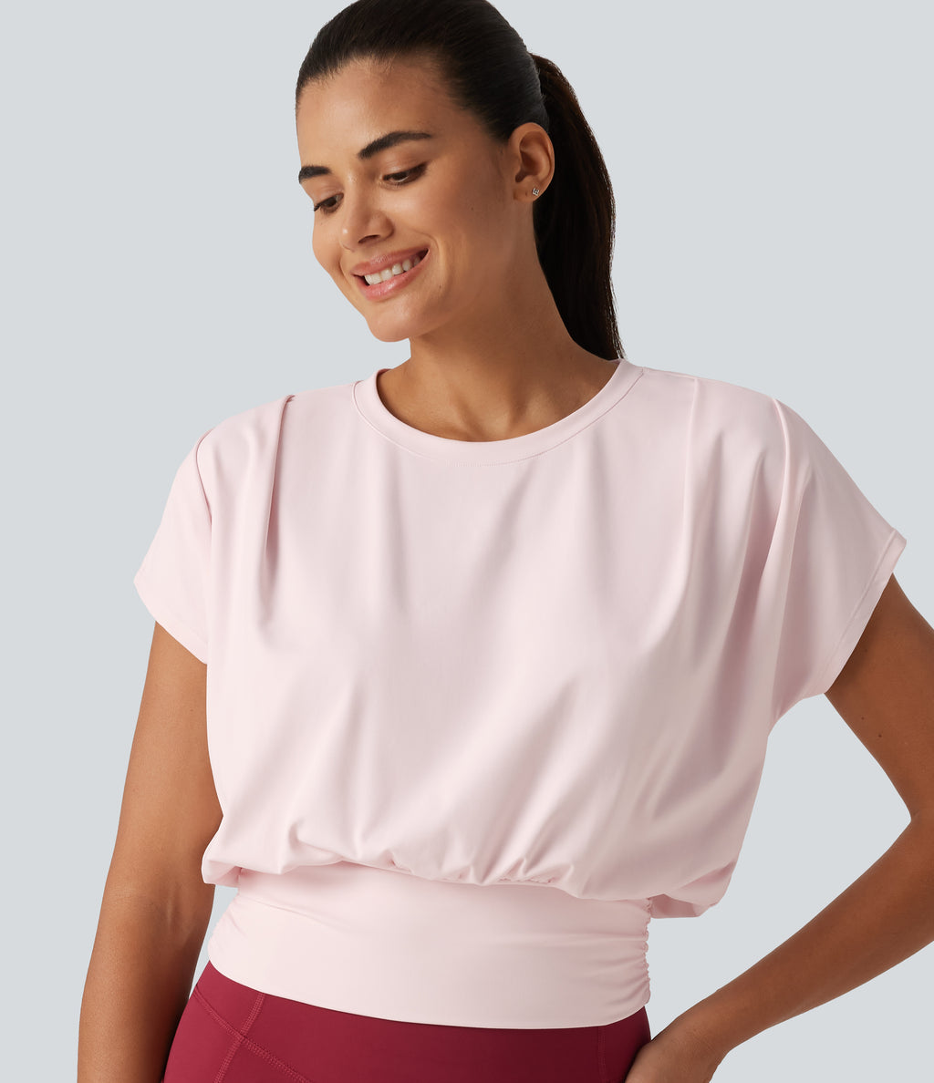Plush Round Neck Short Sleeve Ruched Boxy Yoga Sports Top — Primrose Pink — view 1