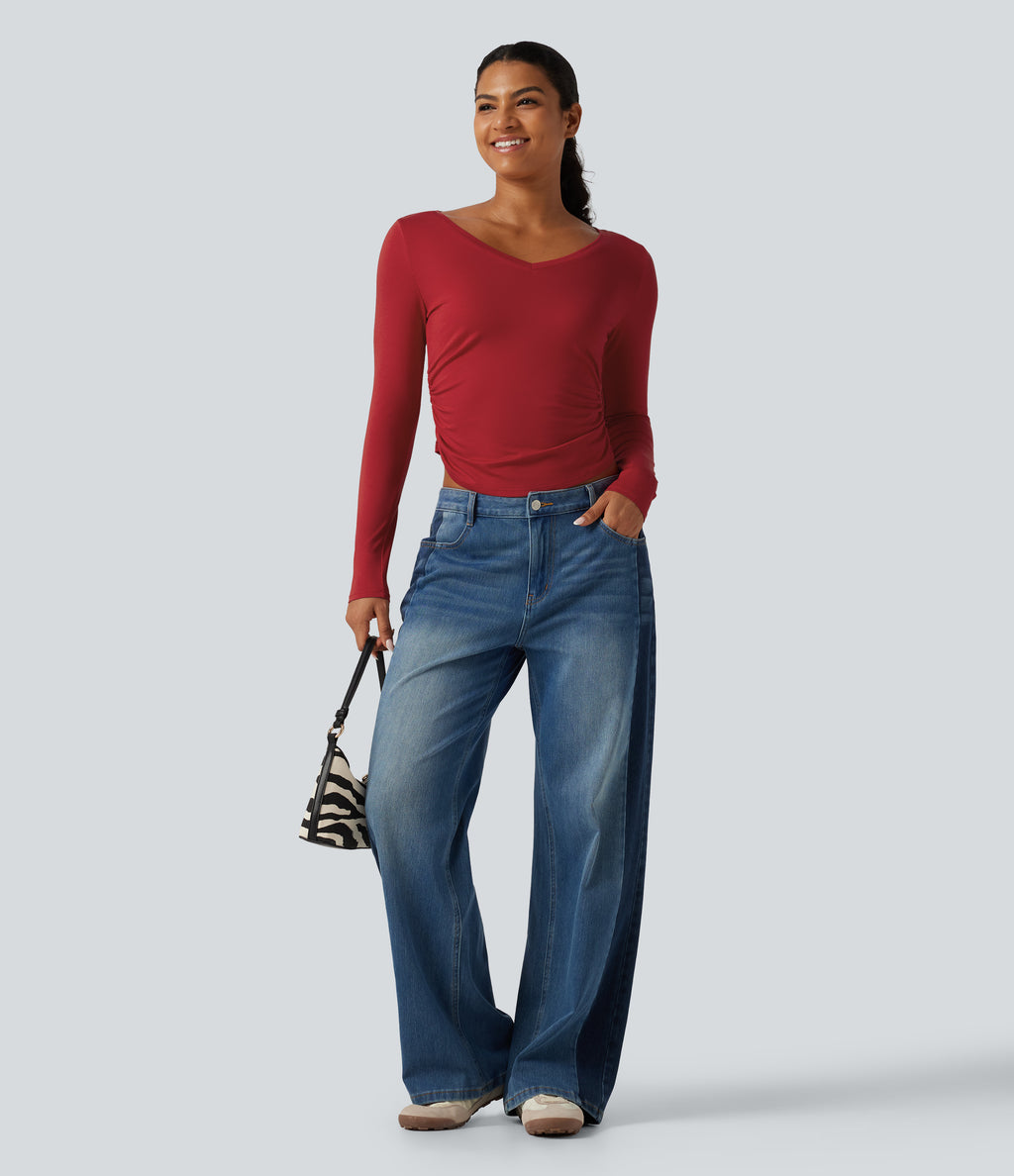 V Neck Long Sleeve Curved Hem Ruched Casual T-Shirt — Haute Red — view 7