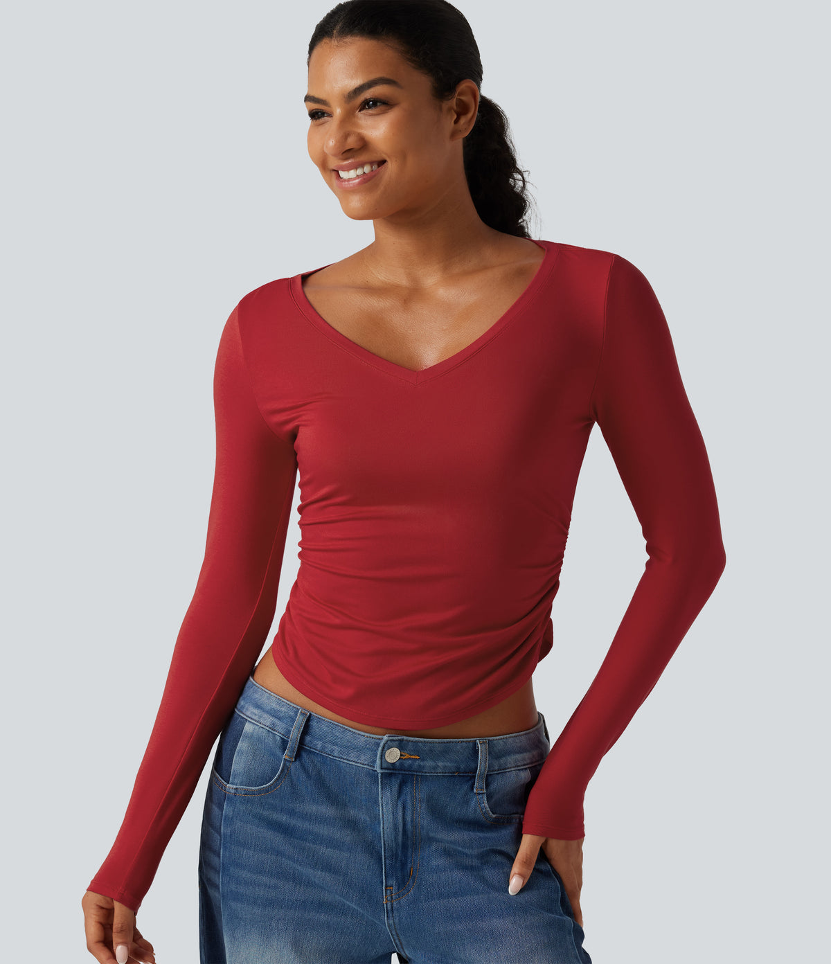 V Neck Long Sleeve Curved Hem Ruched Casual T-Shirt — Haute Red — view 1