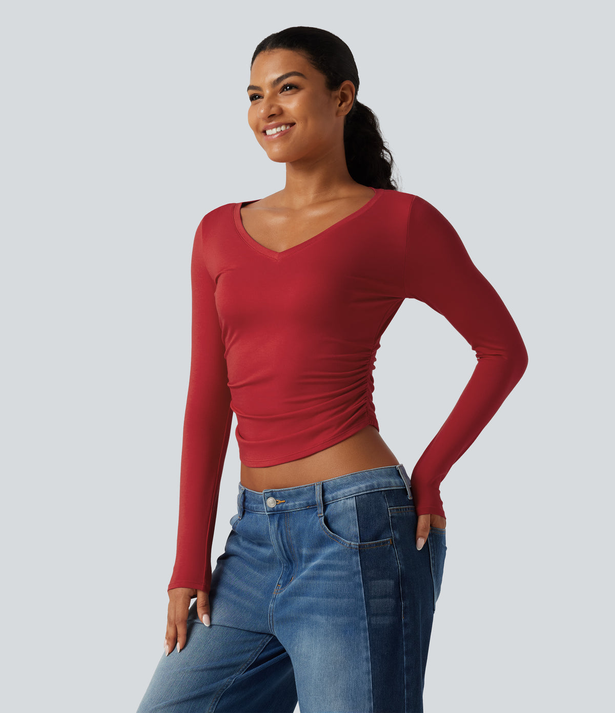 V Neck Long Sleeve Curved Hem Ruched Casual T-Shirt — Haute Red — view 3