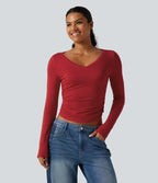 V Neck Long Sleeve Curved Hem Ruched Casual T-Shirt — Haute Red — view 4
